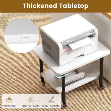 Стіл для принтера HOMASIS з 2 ящиками, стійка для принтера з 4 колесами та 2 гальмами, вантажопідйомність 55 кг, підставка для принтера, офісний візок для дому та офісу (білий+чорний)