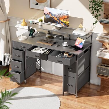Комп'ютерний стіл з 8 висувними ящиками, 2 розетками, USB-портами, LED-підсвічуванням та підставкою для монітора, 120 x 50 x 74 см (сірий)
