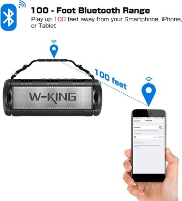 Портативна Bluetooth колонка W-KING 90W з глибоким басом, водонепроникна IPX6, Powerbank, AUX, TF, NFC, 40 годин роботи, EQ, чорно-біла