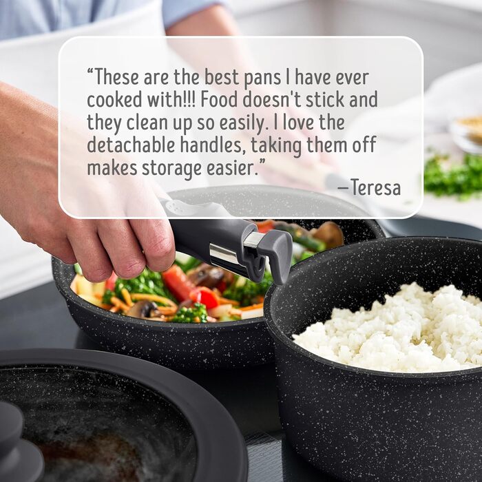 Набір посуду GreenLife 10 предметів з антипригарним покриттям, знімні ручки, складаний посуд, антитоксичні, без PFAS сковороди, індукційні каструлі та сковороди, економія місця, сервіровочні миски (Чорний Спренкле)