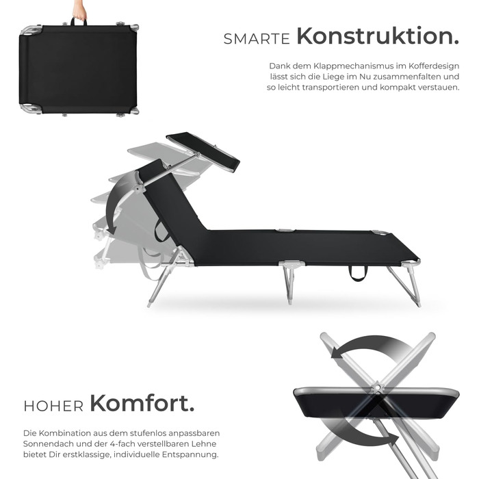 Шезлонг Tectake для саду з сонцезахистом, розкладний, для балкону/тераси, з регульованою спинкою, пляжний, до 110 кг, сірий