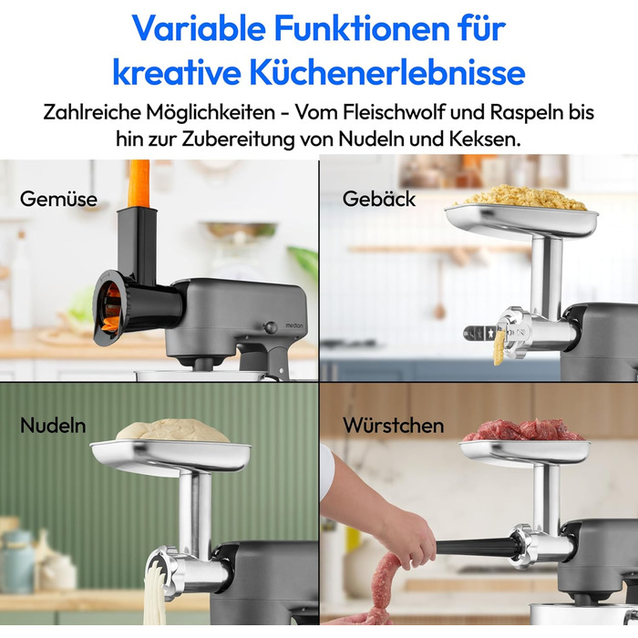 Кухонна машина MEDION MD 12600 Titan: м'ясорубка, 4.6 л чаша з нержавіючої сталі, 800 Вт, тихий двигун, сенсорне дисплею