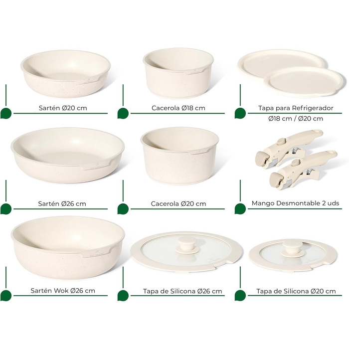 Набір кухонного посуду Just Perfecto 18 предметів з антипригарним покриттям, знімні ручки, для всіх типів плит (включаючи індукцію), без PFOA (Бежевий)