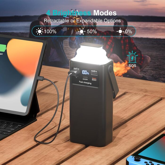 Портативний зарядний акумулятор 60000mAh 45W з LED-дисплеєм та ліхтариком, 7 виходів, чорний. Powerbank для кемпінгу та подорожей