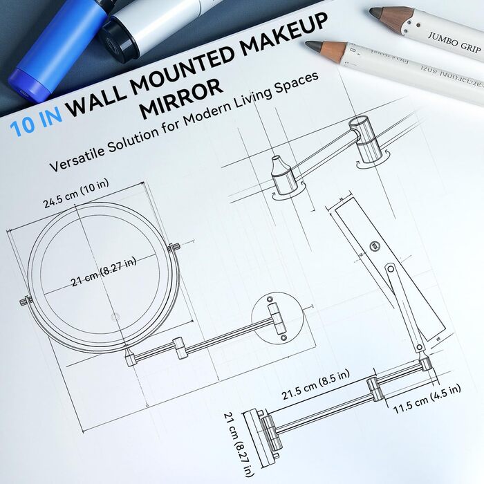 Дзеркало для макіяжу Auxmir з підсвічуванням, перезаряджуване, 3200mAh, для гоління, настінне, з регулюванням яскравості, 3 кольори світла, 360° обертання, для ванної кімнати (срібний, 30X, 10 дюймів)