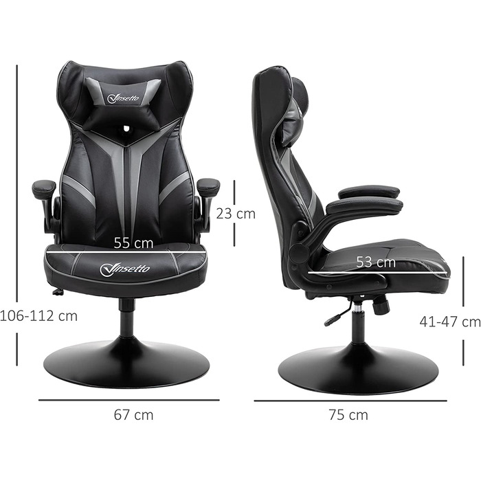 Ігрове крісло Vinsetto ергономічне комп'ютерне крісло з функцією гойдання обертове крісло регульована по висоті сталь чорний сірий 67 х 75 х 106-112 см
