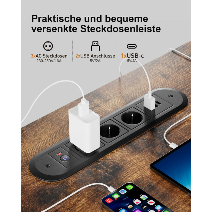 Регульований стіл з USB-портом та розеткою, 100 x 60 см. Електричний стіл, комп'ютерний стіл з пам'яттю, білий (коричневий)