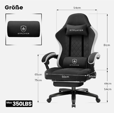 Ігровий крісло GTPLAYER з тканиною, з кишеньковим пружинним сидінням, ергономічний поворотний крісло, геймерське крісло з підніжкою, чорний, до 150 кг