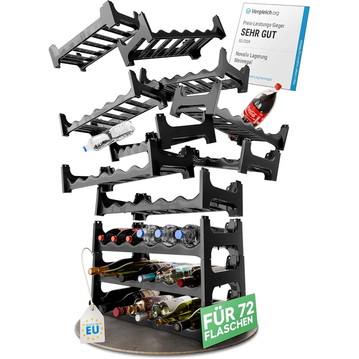 Novaliv Полиця для пляшок вина на 60 пляшок - міцна, розширювана, з переробленого пластику, чорна, для зберігання вина в погребі, ресторані та вдома