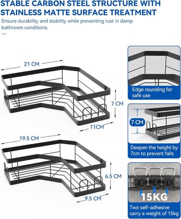 Душова полиця AceMining без свердління, 2 шт. стійкий до іржі душовий кошик, срібло, 2 упаковки чорний L-подібної форми