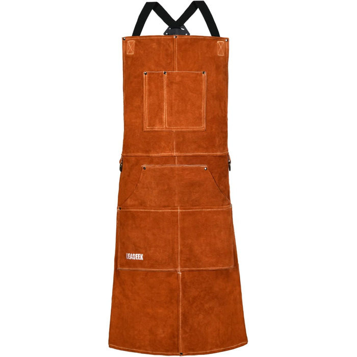 Шкіряний фартух зварювальника LeaSeek – термостійкий та вогнестійкий, з 6 кишенями, регульований, розмір M-XXXL (61x106 см)