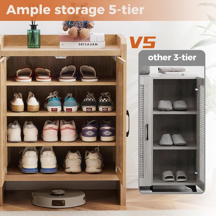 Шафа для взуття 5-ти ярусна у стилі Фармхаус з 2 дверцятами, самостійна шафа для взуття з регульованими полицями та металевими куточками для прихожого та коридору, білий (Ротен Браун, Коричневий)