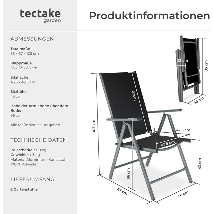 tectake® Алюмінієвий садовий стілець 2 шт, складаний, з високою спинкою, 7 положень нахилу, антрацит, комплект для саду, балкона, тераси