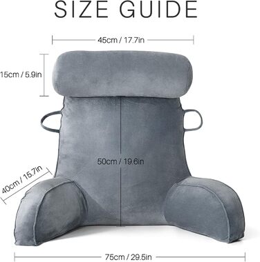 Подушка для читання MINGPINHUIUS XL для ліжка та дивана з знімною подушкою для шиї, ідеальна для дорослих, з піною з пам'яті для комфортного читання, роботи, ігор, перегляду телевізора та відпочинку (Сірий)