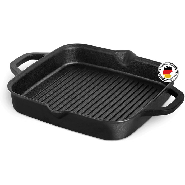 Гриль-сковорода Burnhard Gusseisen, квадратна 30 см, з попереднім прожарюванням, для стейків, сумісна з газовими грилями, духовкою, вогняною чашею та всіма типами плит (включаючи індукційну), чавунна сковорода-гриль 30 см