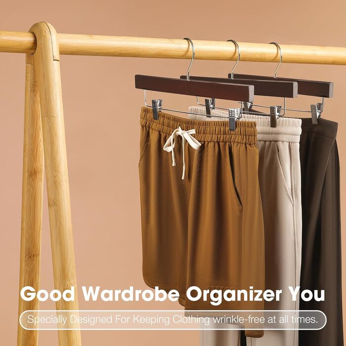 Дерев'яні вішалки для штанів Ulimart: 12 шт., масивне дерево, з кліпсами, регульовані, для джинсів, шортів, штанів (натуральне дерево, коричневий)