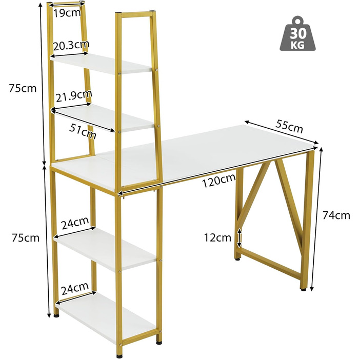 Комп'ютерний стіл Merax з 5-ярусною книжковою шафою, письмовий стіл 120 см для дому та офісу, компактний дизайн у білому та золотому кольорах