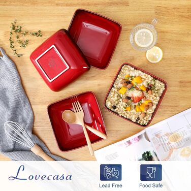 Вечеря LOVECASA, набір з 4 квадратних керамічних мисок, миски з пластівцями, миски для супу, десертна миска, набір мисок для 4 осіб, 800 мл, червона миска з 4 частин (800 мл)