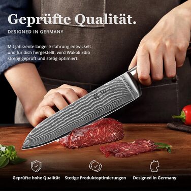 Японський ніж Santoku Wakoli з дамаської сталі (серцевина VG10) 17 см – гострий кухонний ніж для всіх видів нарізок, з ручкою з паккавуду, у подарунковій коробці (без гравію)