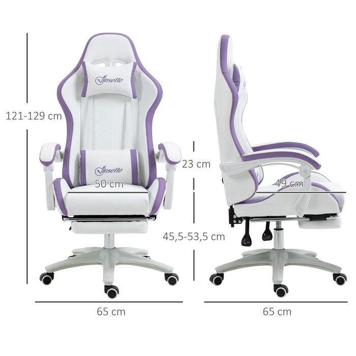Крісло ігрове Vinsetto Ergonomic з регульованою підніжкою, спинкою 135°, підголівником та поперековою підтримкою, офісне, 360° обертання, PU, біле