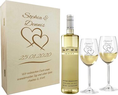 Подарунковий набір для келихів для вина-гравірований Келих для вина - Подарункові набори для вина-весільні подарунки - Подарунки для пар-біле вино-Два серця