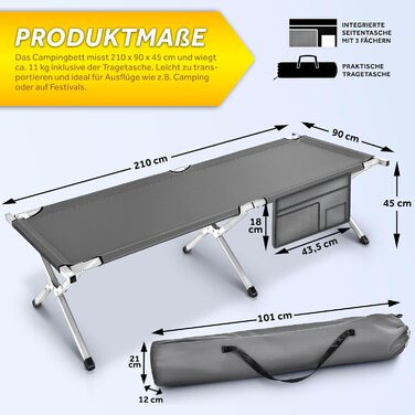 Кемпінгове ліжко TRESKO XXL Табірне ліжко з металевою трубою - вантажопідйомність до 150 кг (210 x 90 x 42 см, сірий)