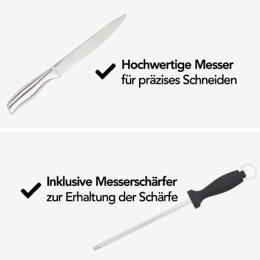 Набір ножів Brixy Messerset 16 предметів у блоці: ножі, шліфувальник, ножиці. Нержавіюча сталь, срібно-чорний колір, стійкий до подряпин.