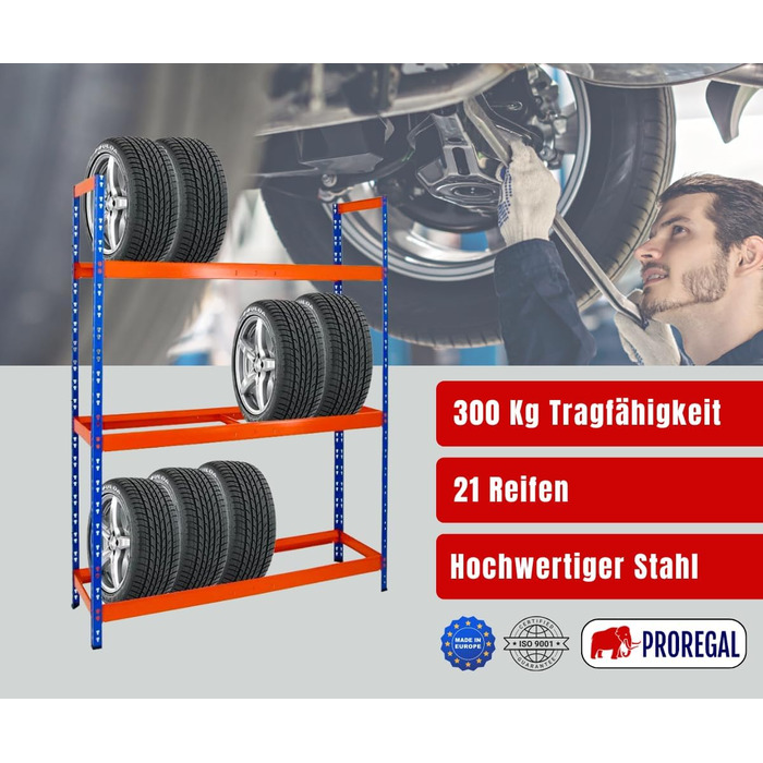 Стелаж для шин PROREGAL Tiger XL: 200x180x45 см, 300 кг навантаження, до 21 шини (205/55 R16), блакитно-помаранчевий, для майстерні, складу, підвалу