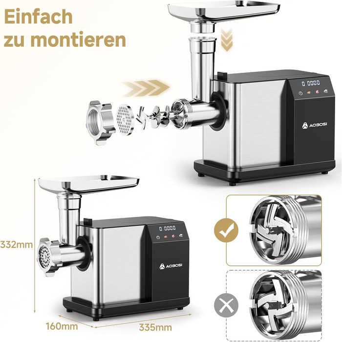 Електрична м'ясоподрібнювач AAOBOSI 3000W з LED-дисплеєм, 9 швидкостей, з нержавіючої сталі, для дому, з насадкою для ковбас та кіббе