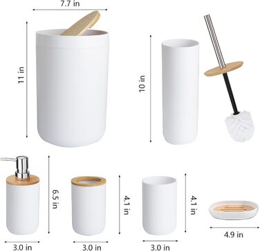 CERBIOR Набір аксесуарів для ванної кімнати з бамбука, 6 предметів: мильниця, тримач для зубних щіток, стакан для ополіскування, дозатор для лосьйону, флакон, сміттєвий бачок, щітка для унітазу, білий