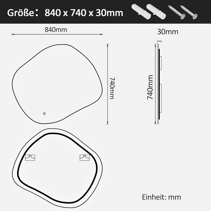 Асиметричне дзеркало для ванної кімнати Boromal з підсвічуванням 80x80 см LED, сенсорний вимикач, 3 кольори світла, регулювання яскравості