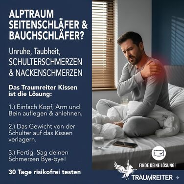 Ортопедична подушка для сну на боці Traumreiter Visco XXL PRO, ергономічна подушка-бумеранг Full Body Builder з ефектом пам'яті (Memory Foam) для чоловіків, сіра, Deluxe