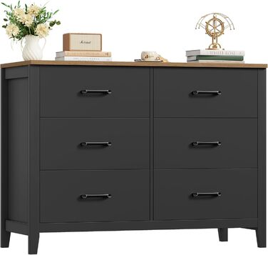 Комод HOCSOK з 6 висувними ящиками, чорний комод з дерев'яною полицею, шафа для зберігання в вітальню, спальню, кімнату для підлітків та коридор, 100x40x81 см