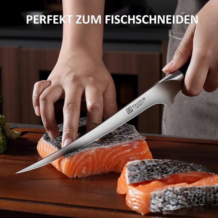 Набір кухонних ножів Paudin 7 предметів з дерев'яним блоком, професійний набір ножів для кухні, з високоякісним лезом та ABS ручками (рибний ніж)