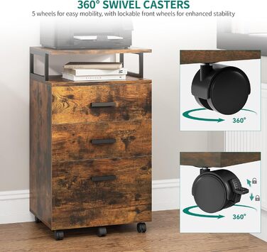 Мобільний архівний шафа YITAHOME на коліщатках, офісний контейнер з шухлядами, шафа-контейнер на колесах, тумба з шухлядами для дому та офісу, 45.7 x 36 x 76.2 см (Вінтаж-коричневий)