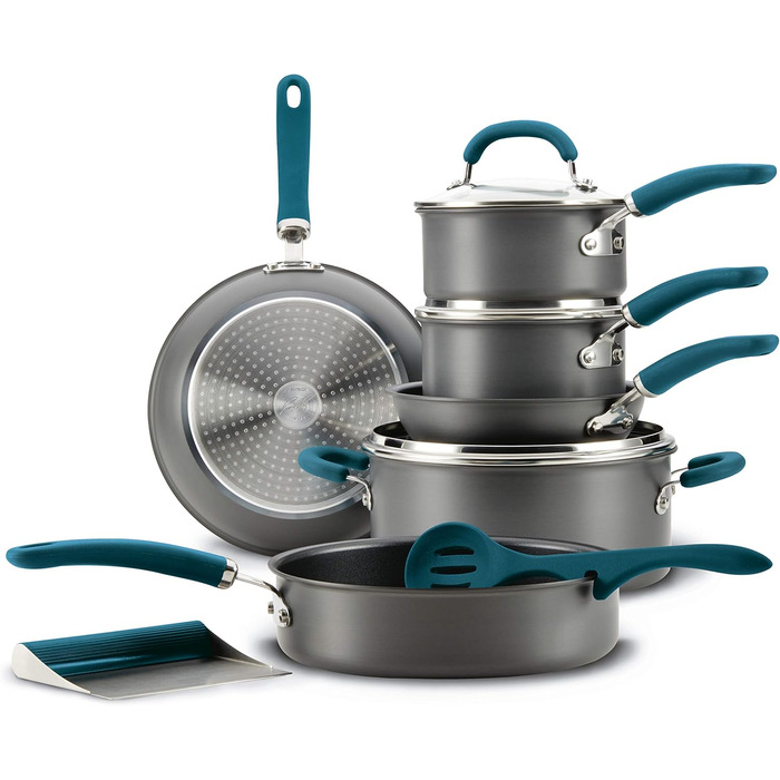 Набір кухонного посуду Rachael Ray, 11 предметів, з нержавіючої сталі, з антипригарним покриттям, сірий з блакитно-зеленими ручками