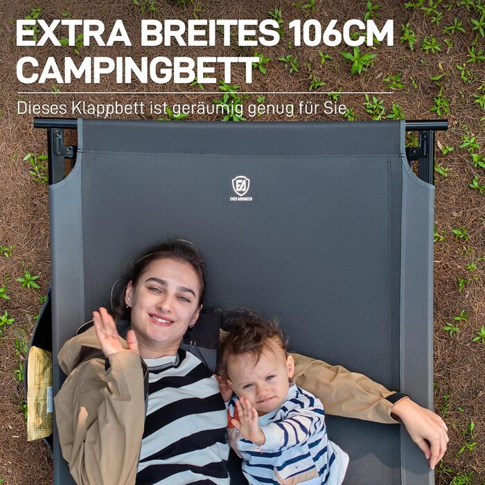Розкладне ліжко для кемпінгу EVER ADVANCED XXL (214x106 см), посилене кемпінг-ліжко до 300 кг, сіре