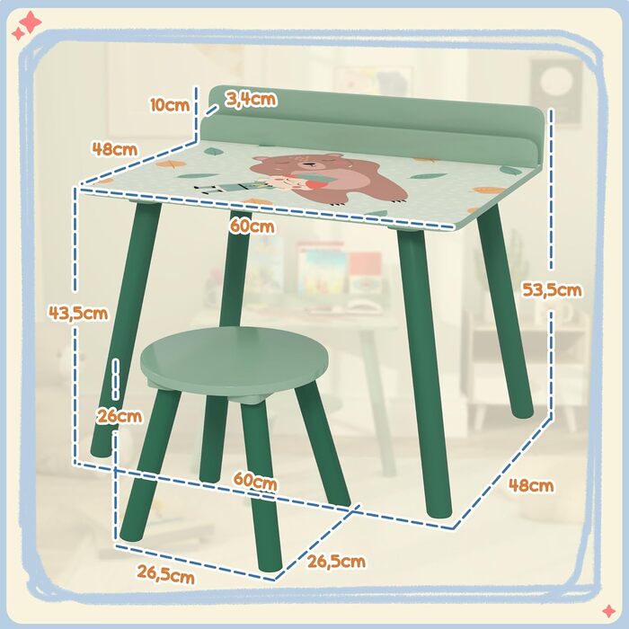 Дитячий стіл та стілець AIYAPLAY з ведмедиком-бухгалтером, зелений, для дітей 3-8 років
