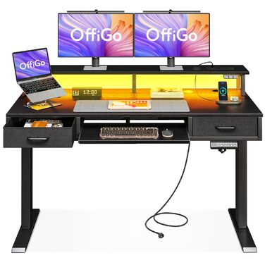 Регульований за висотою стіл OffiGo з 2 висувними ящиками та підставкою для клавіатури, 120 см, електричний стіл з підставкою для монітора, RGB підсвічування та розетки (120 x 54 см, чорний)