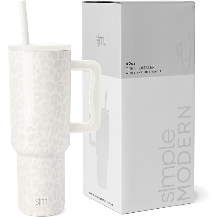 Термокружка Simple Modern з соломкою та ручкою | Ізольована термокружка з нержавіючої сталі | Термокружка для кави, напоїв | Подарунок для жінок та чоловіків | Trek | Almond Birch (40 oz, Cream Leopard)