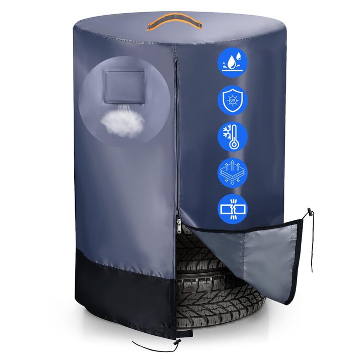 Чохол для коліс автомобіля, великий, міцний, 420D, універсальний, для 4 коліс, з блискавкою, вологостійкий, з світловідбиваючими смугами (Ø 84cm x H 120cm), сірий & чорний