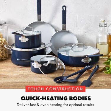 Набір сковорідок GreenPan x Bobby Flay, 20.3 см та 25.4 см, з антипригарним покриттям, без PFAS, кераміка з діамантами, для індукційних плит, силіконовий ручка, легко миються, сумісний з посудомийною машиною, 2 шт. (13 предметів), Marineblau