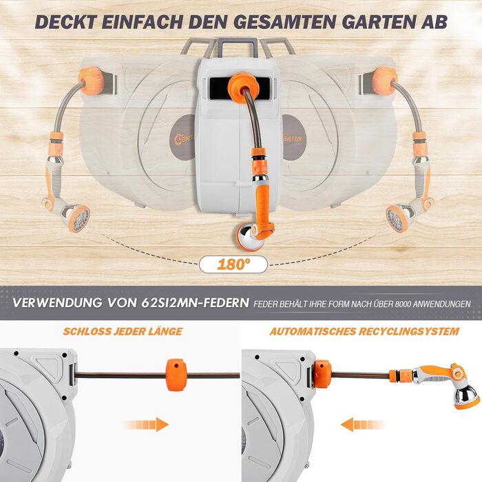 Висувна касетна система для садового шланга 20м + 2м з пістолетом, повільний зворотний механізм, фіксація будь-якої довжини, поворотна кріплення 180°