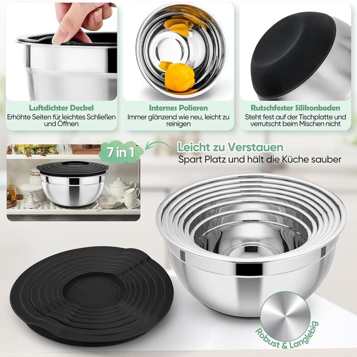 Набір місок HaWare з нержавіючої сталі, 7 шт., з кришкою, для приготування їжі, миття в посудомийній машині, об'єм 6.5/4.5/3/2.5/1.5/1.2/0.7 л (Чорний, силіконове дно)