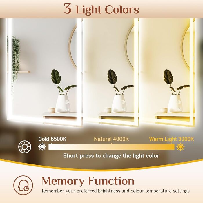 Дзеркало для ванної кімнати Clevich з підсвічуванням 80x60 см, LED, 3 кольори світла, диммування, захисне скло, сенсорне управління, функція пам'яті, антизапар, 120L x 60B см