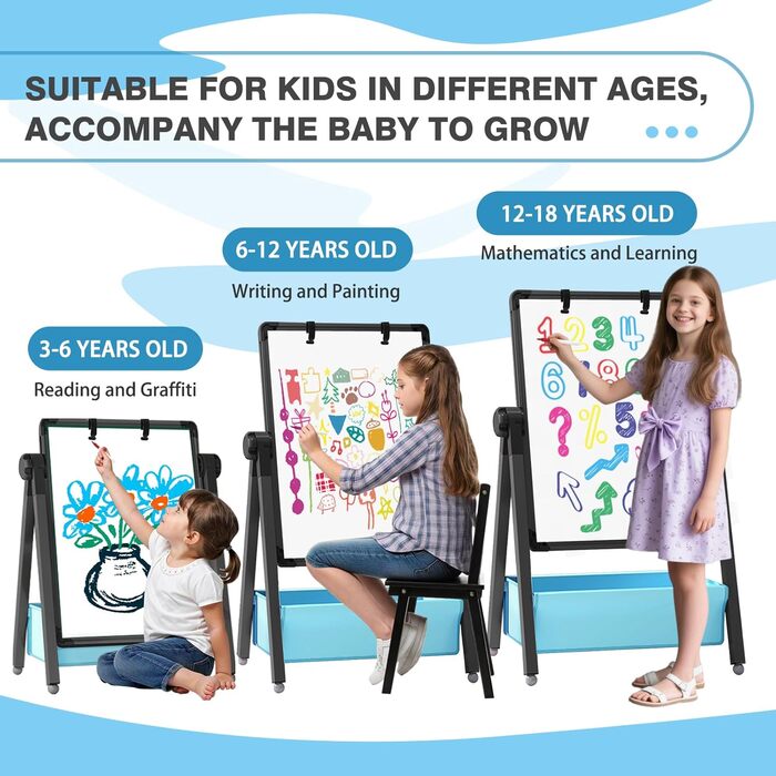 Дитяча мольберт Kinderstaffelei: двосторонній, металевий, регульований по висоті, 360° обертання, дошка для малювання та письма з літерами та цифрами (чорний)