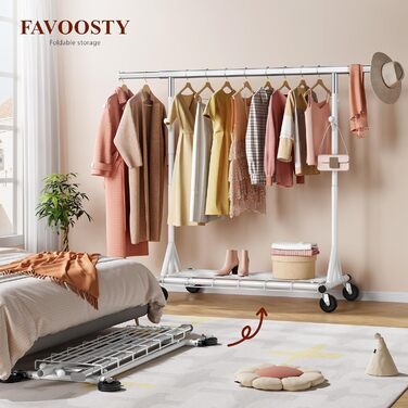 Стійка для одягу на колесах FAVOOOSTY, металева, мобільна, до 200 кг, швидка установка, білий колір, 1 перекладина