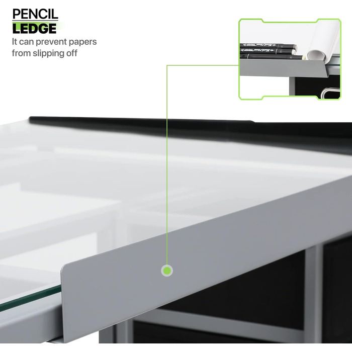 Регульований стіл для малювання Magshion з нахиленою скляною стільницею, переносний з 2 шухлядами та колесами, для художників, студентів (прозорий)