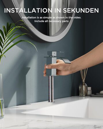 Змішувач для ванної кімнати FORIOUS з водоспадом, одноручний, хром, висота виливу 80 мм, економія води та енергії