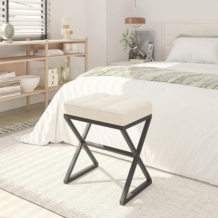 Пуф для макіяжу YMYNY, пуф-табуретка з льону, пуф для туалетного столика з металевими ніжками X-подібної форми, 40x30x46 см, бежевий (HBD033G)